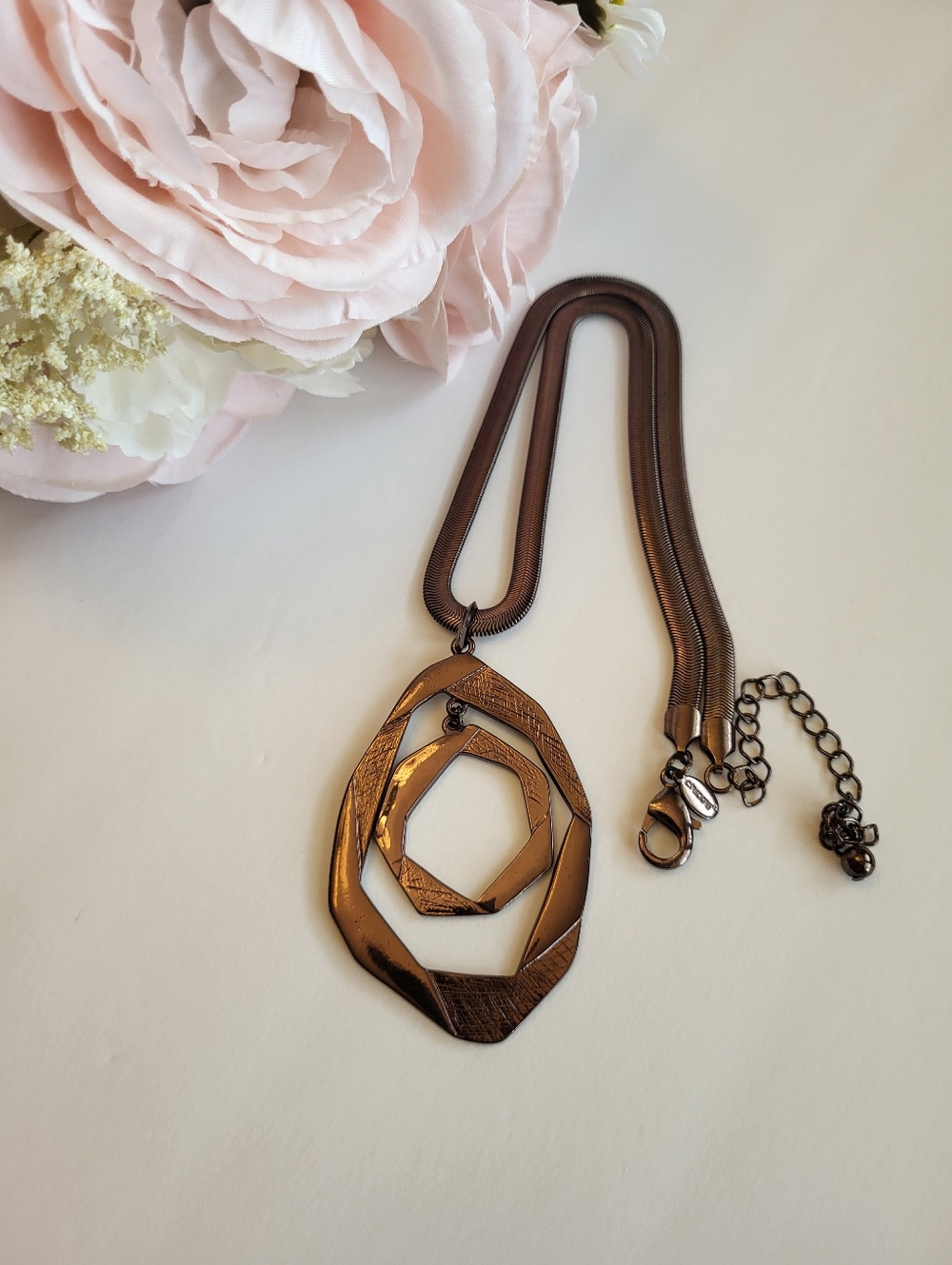 Chico's Norita Necklace Artisan Inspired Geometric Pendant Bronze Tone Jewelry